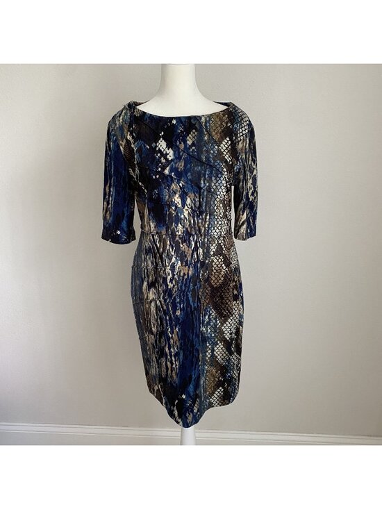Connected Dresses & Skirts - Connected Petite Womens 8P Blue Brown Snake Print Jersey Knit Sheath Dress